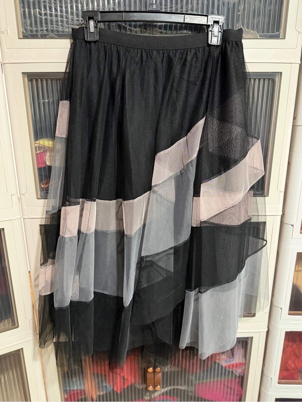 SHEIN Black Tulle Midi Skirt with Blush and Gray Panels